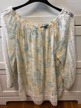 Zac & Rachel White Boho Off-Shoulder Tunic with Yellow & Teal Print